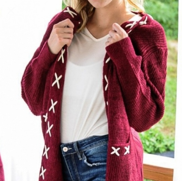 Reddish Burgundy Long Sleeve Lace Up Cardigan - Picture 8 of 8